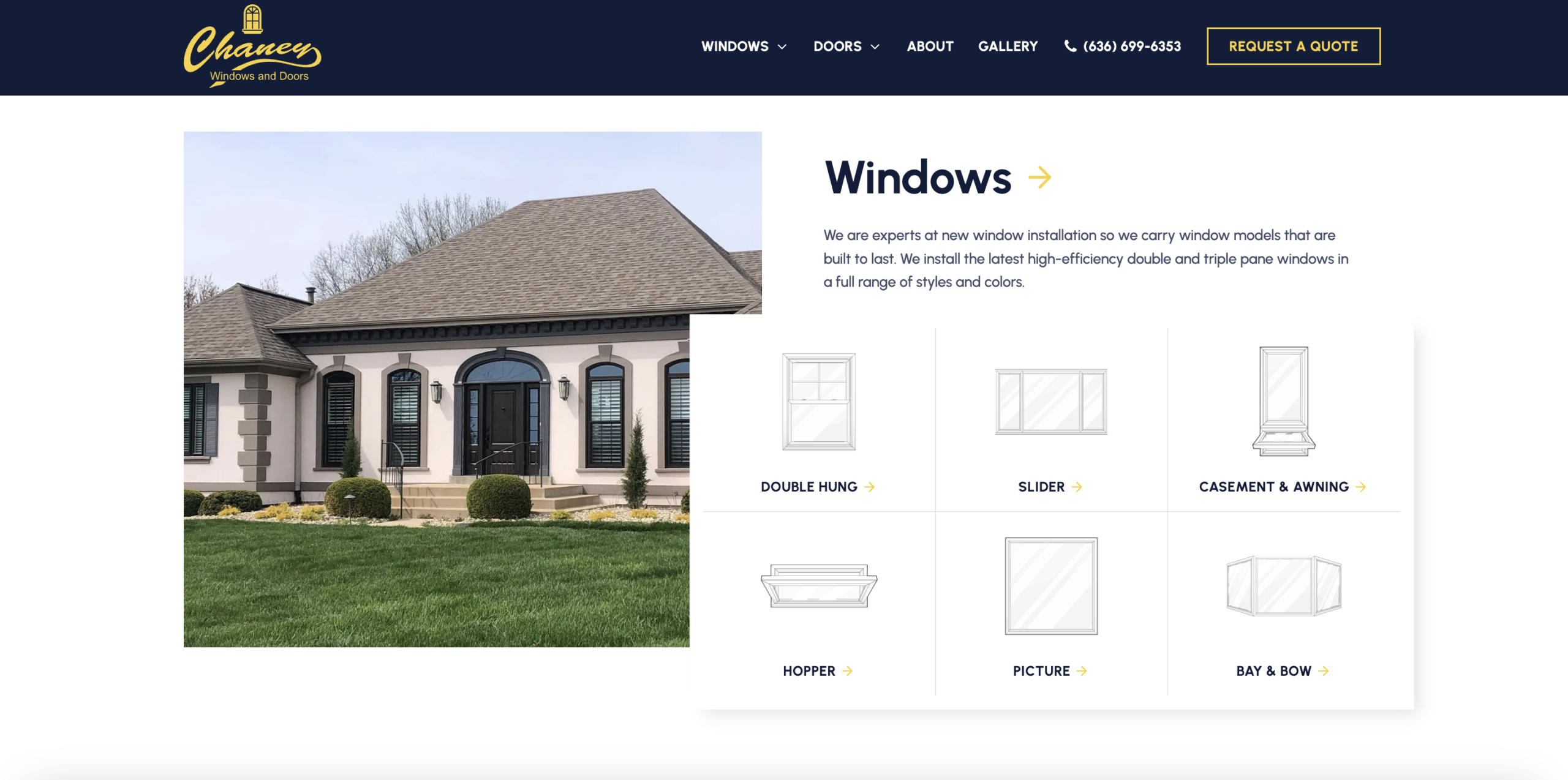 A home with large windows and a well-maintained lawn is shown. The website for a window and door company features options for different window styles, including double hung, slider, and bay, along with a navigation menu and request a quote button.